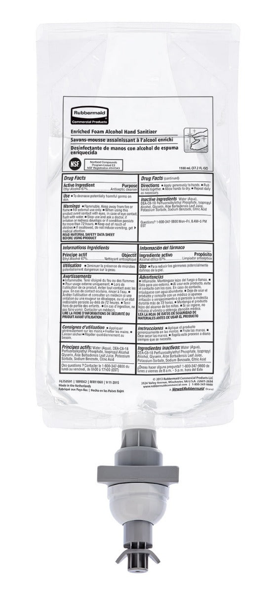 Rubbermaid 2080802 AutoFoam Enriched Foam Alcohol Hand Sanitizer Refill for AutoFoam Dispensers 1000 ml - Dye and Fragrance Free
