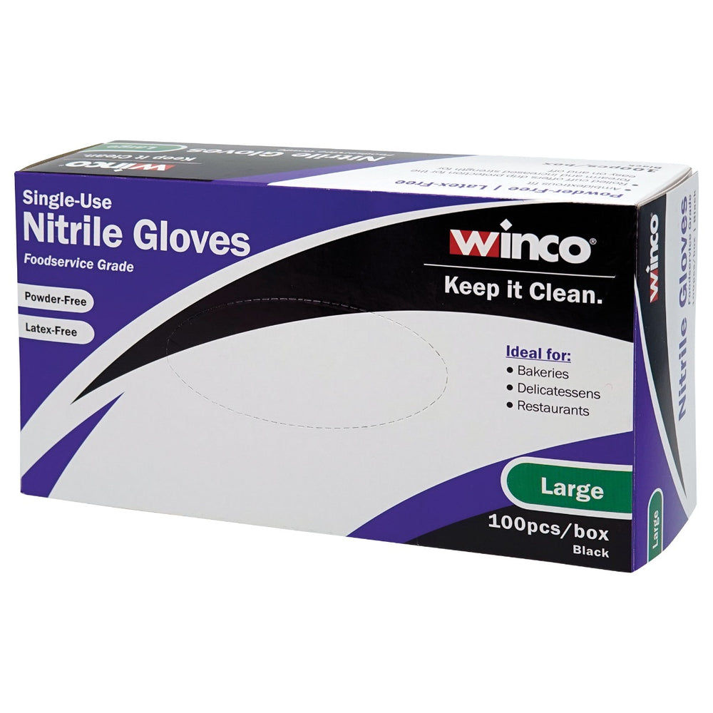 Winco GLN-LB Disposable 3 Mil Guage Powder-Free Black Nitrile Gloves - Large - 100/Box