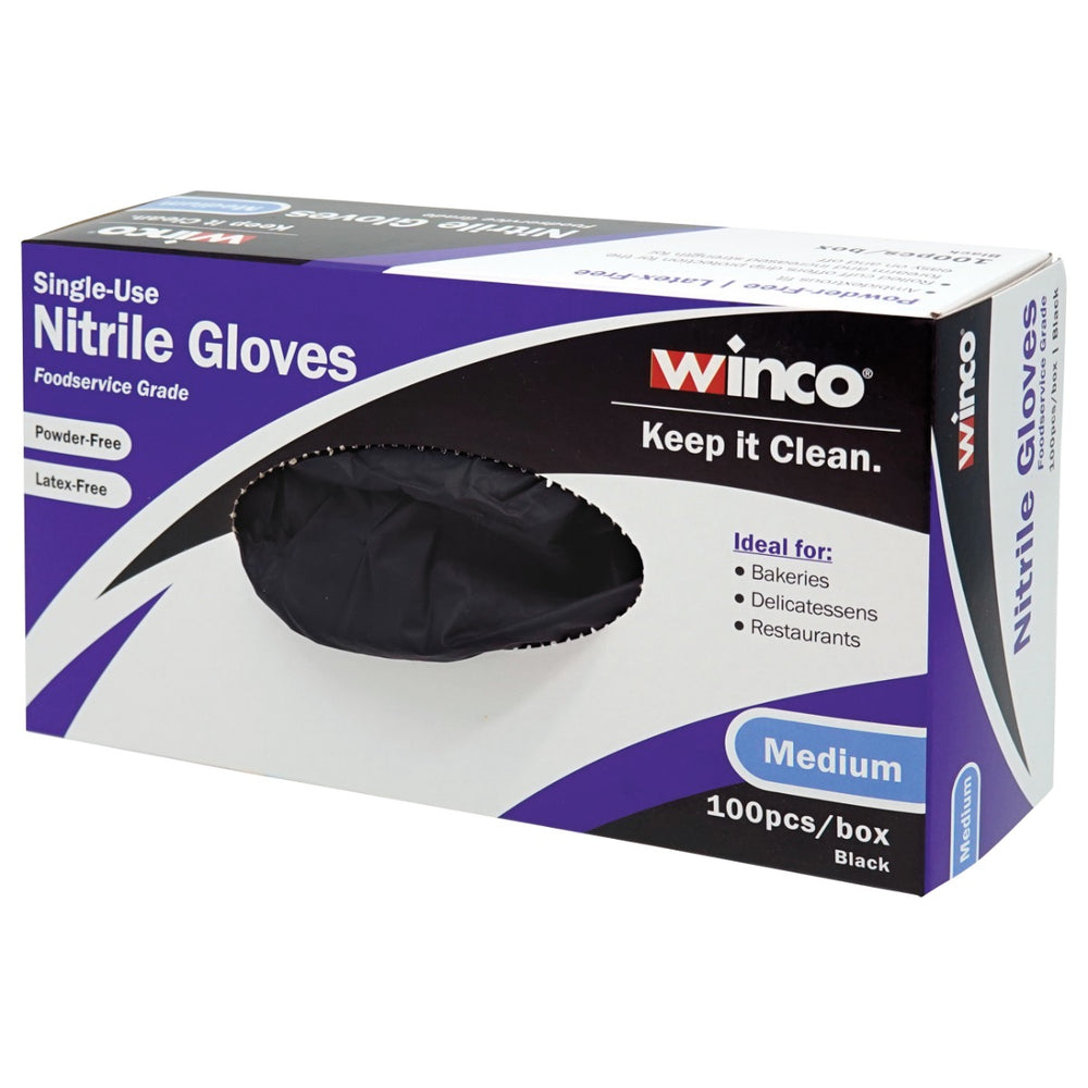 Winco GLN-MB Disposable 3 Mil Guage Powder-Free Black Nitrile Gloves - Medium - 100/Box