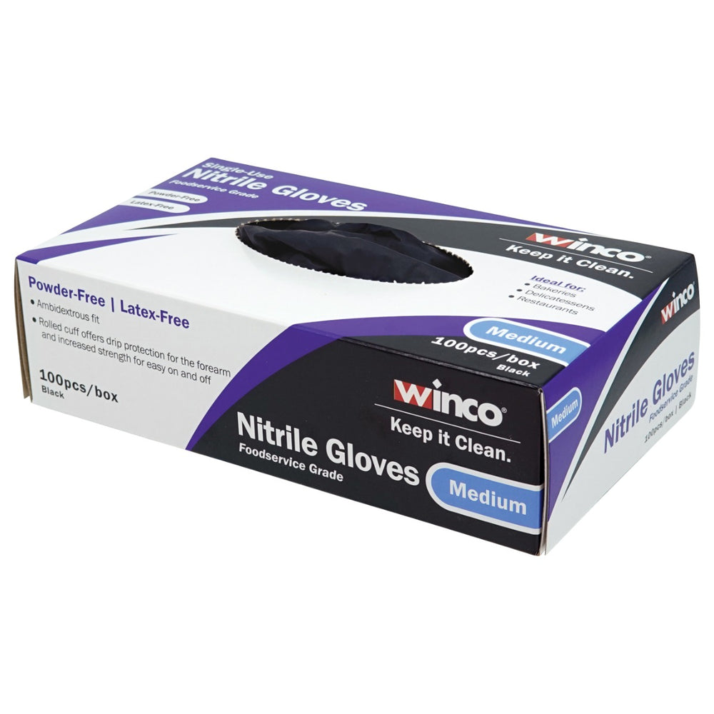 Winco GLN-MB Disposable 3 Mil Guage Powder-Free Black Nitrile Gloves - Medium - 100/Box