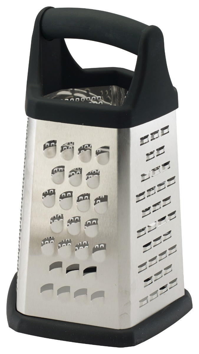 Winco GT-401 Stainless Steel 5-Sided Ergonomic Box Grater with Black Soft Grip Handle 5" x 5" x 8" - 48/Case