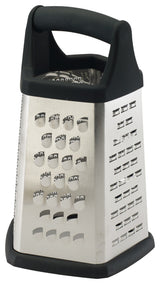Winco GT-401 Stainless Steel 5-Sided Ergonomic Box Grater with Black Soft Grip Handle 5" x 5" x 8" - 48/Case