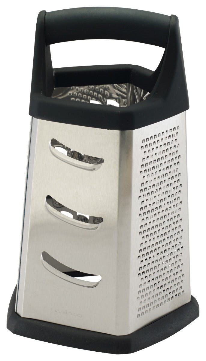 Winco GT-401 Stainless Steel 5-Sided Ergonomic Box Grater with Black Soft Grip Handle 5" x 5" x 8" - 48/Case