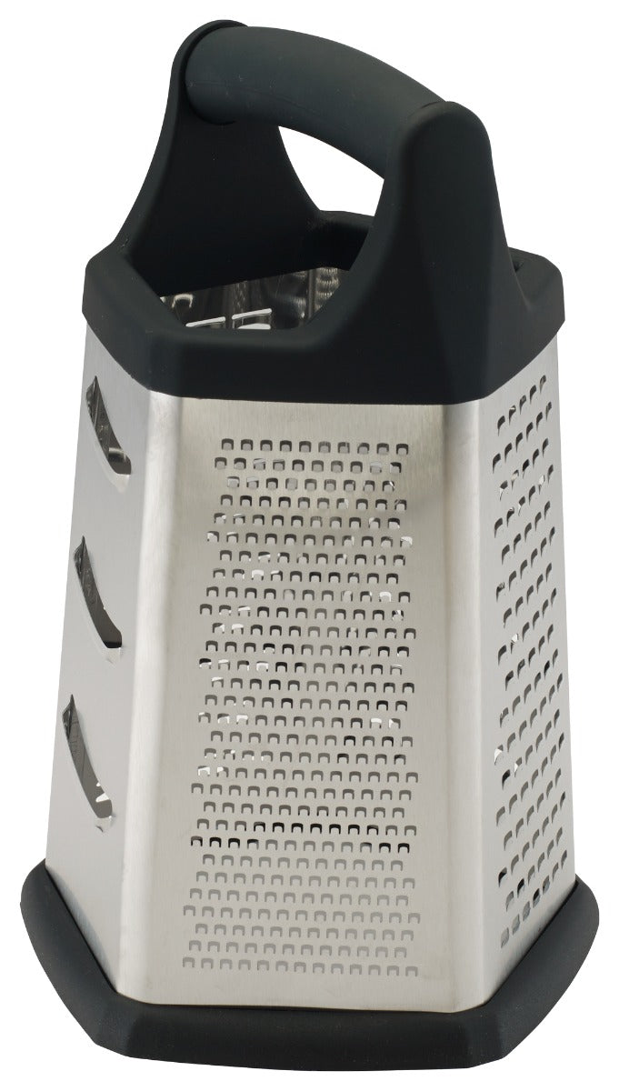 Winco GT-401 Stainless Steel 5-Sided Ergonomic Box Grater with Black Soft Grip Handle 5" x 5" x 8" - 48/Case