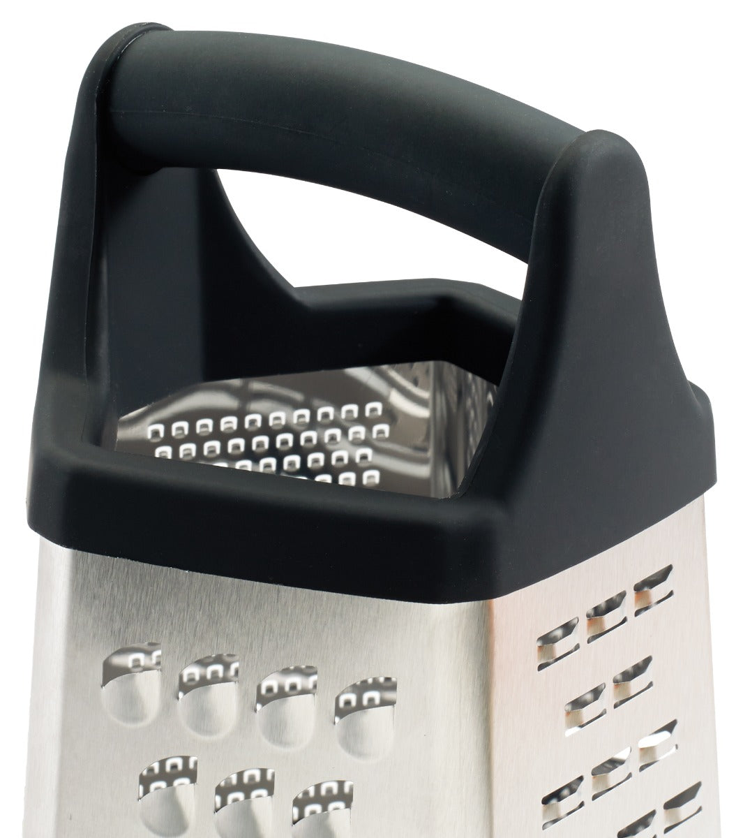 Winco GT-401 Stainless Steel 5-Sided Ergonomic Box Grater with Black Soft Grip Handle 5" x 5" x 8" - 48/Case