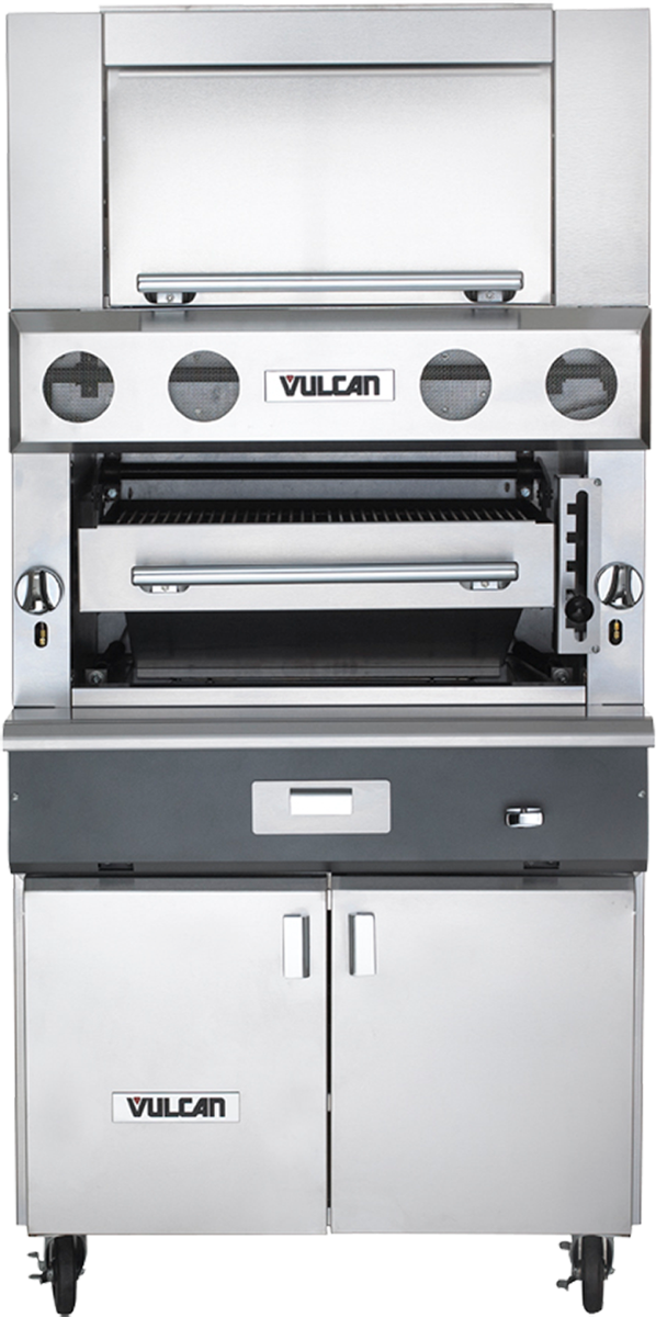 Vulcan VBB1CF V Series Heavy Duty Upright Ceramic Radiant Natural Gas Broiler w/ 3 Burners, Finishing Oven, and Convection Oven Base 36" - 137,000 BTU