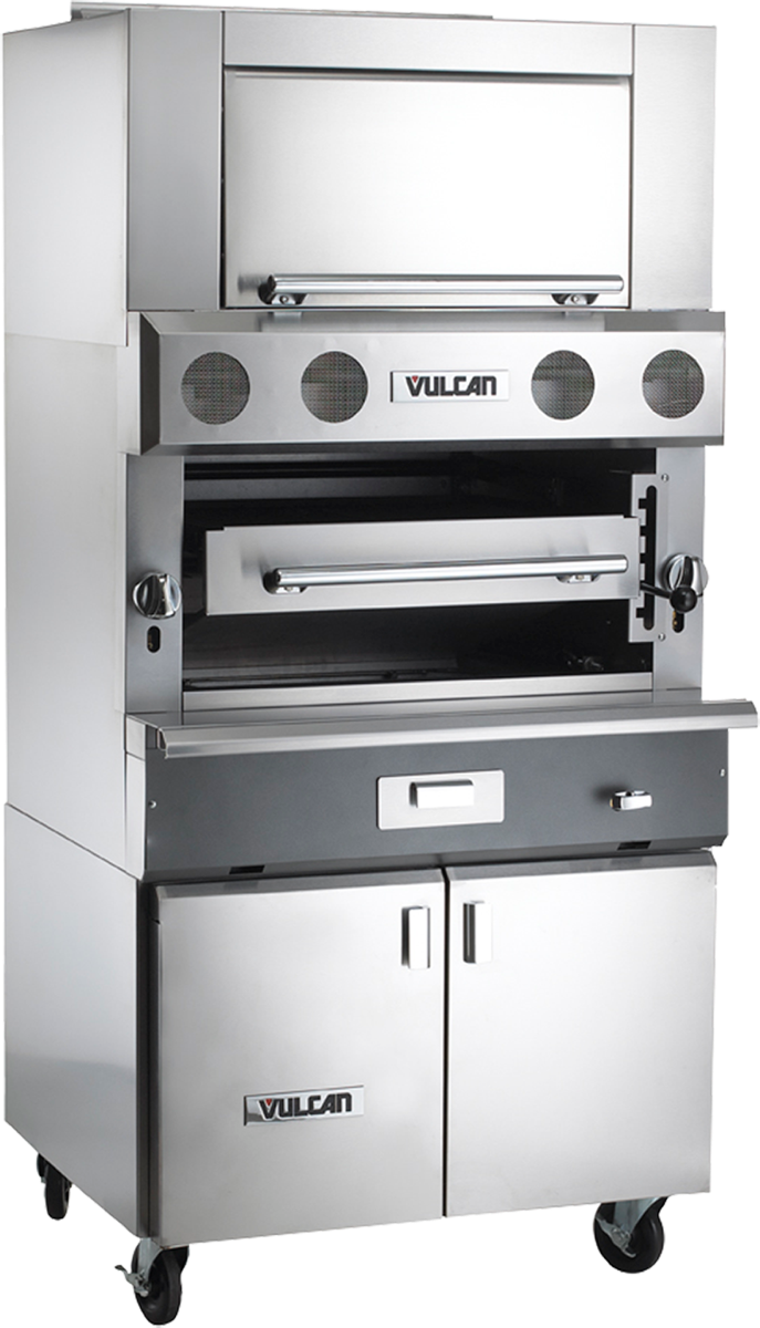 Vulcan VBB1BF V Series Heavy Duty Upright Ceramic Radiant Natural Gas Broiler w/ 3 Burners, Finishing Oven, and Cabinet Base 36" - 105,000 BTU