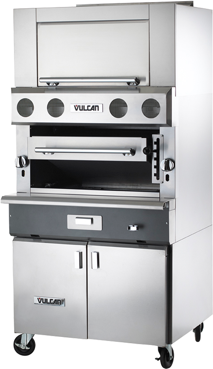 Vulcan VBB1BF V Series Heavy Duty Upright Ceramic Radiant Natural Gas Broiler w/ 3 Burners, Finishing Oven, and Cabinet Base 36" - 105,000 BTU