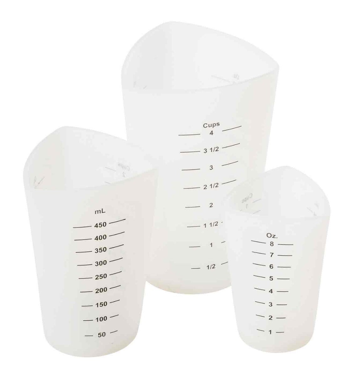 TableCraft HSMC3 3-Piece Silicone Stackable Flexible Measuring Cup Set - includes: (1) 1 cup, (1) 2 cup & (1) 4 cup - Translucent - 6 Sets/Case