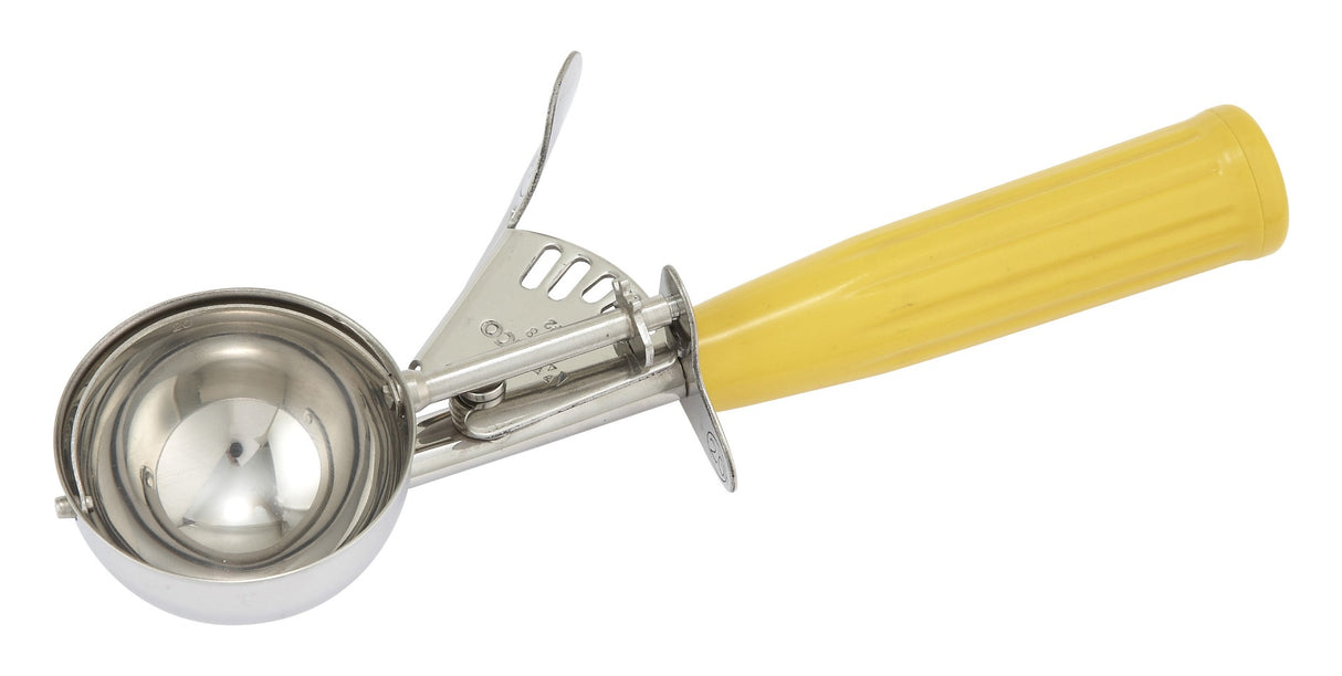 Winco ICD-20 Stainless Steel Thumb-Press Ice Cream Disher with Yellow Plastic Handle 2 oz. - Size 20 - 36/Case