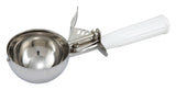 Winco ICD-6 Stainless Steel Thumb-Press Ice Cream Disher with White Plastic Handle 4-2/3 oz. - Size 6 - 36/Case