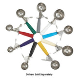 Winco ICD-6 Stainless Steel Thumb-Press Ice Cream Disher with White Plastic Handle 4-2/3 oz. - Size 6 - 36/Case