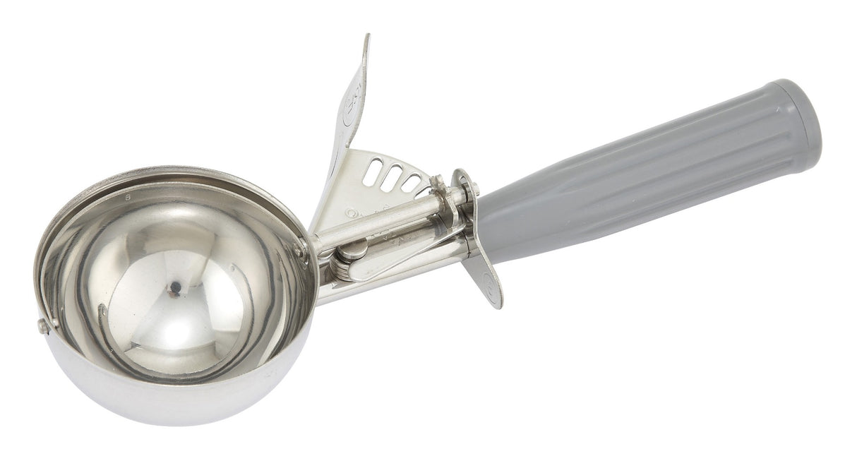 Winco ICD-8 Stainless Steel Thumb-Press Ice Cream Disher with Gray Plastic Handle 4 oz. - Size 8 - 36/Case