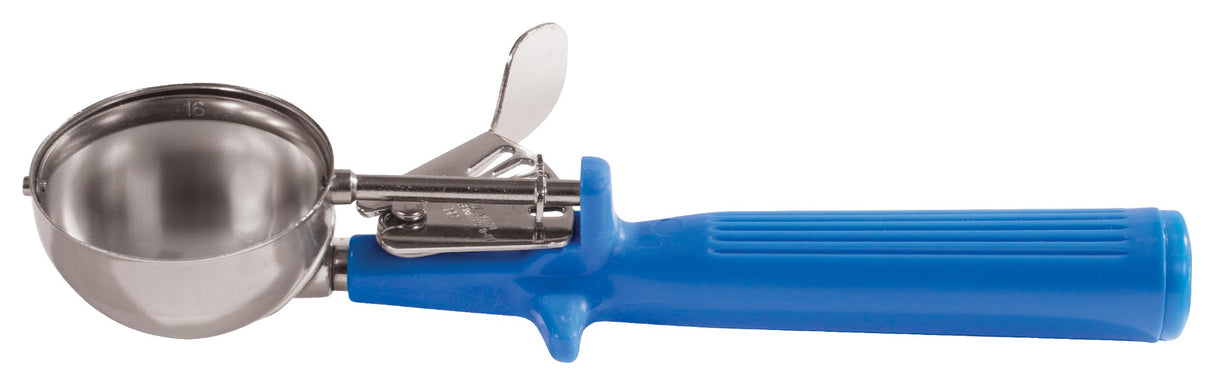 Winco ICOP-16 Stainless Steel Deluxe One-Piece Thumb-Press Disher with Blue Plastic Handle 2 oz. - Size 16 - 36/Case
