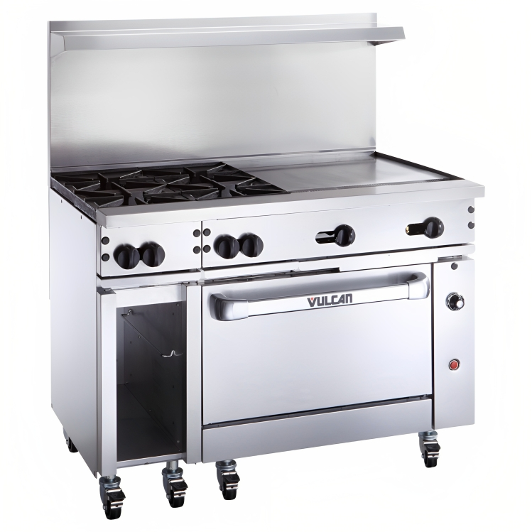 Vulcan 48C-4B24GT Endurance Natural Gas Range 4 Burner 48" Range w/ Thermostatic Griddle, Convection Oven & Cabinet 48" - 195,000 BTU