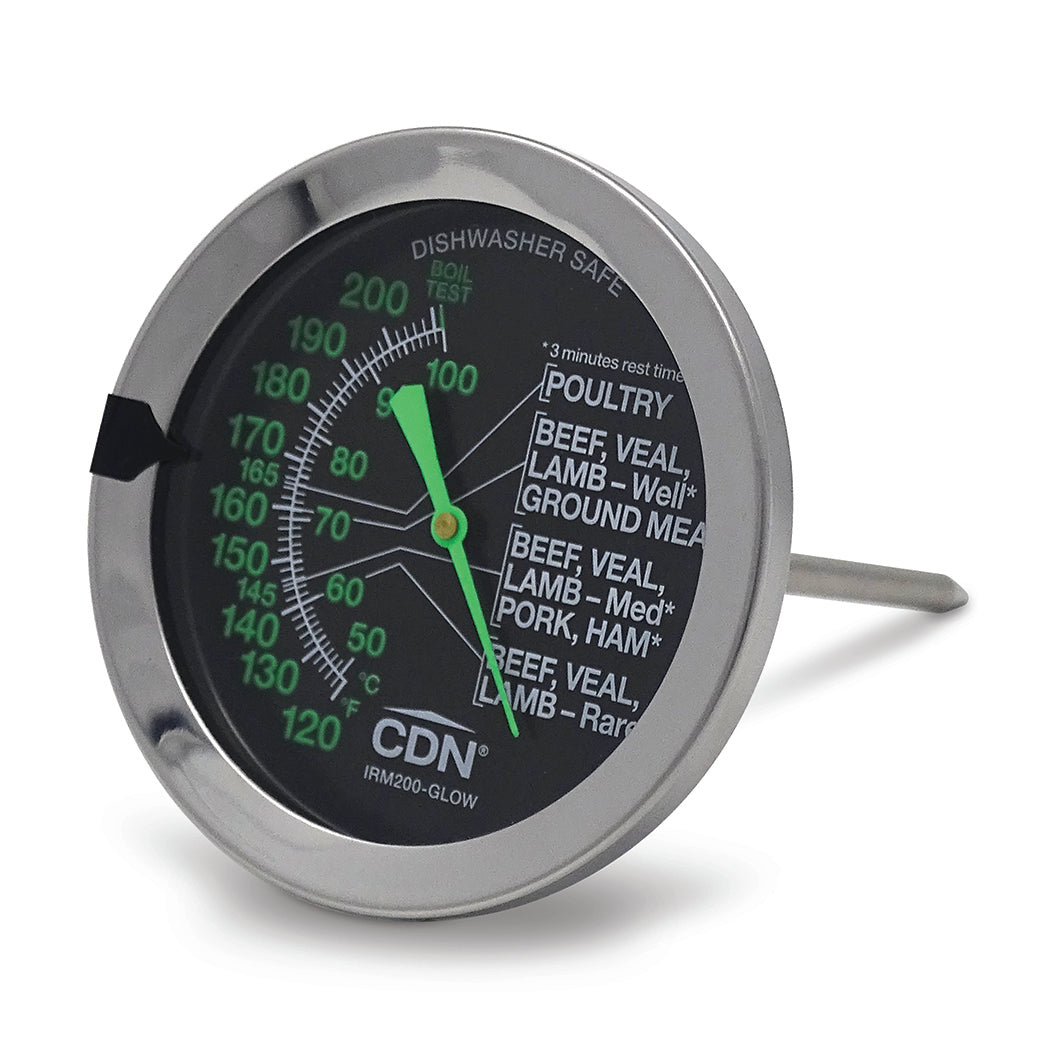 CDN IRM200-GLOW Oven-Proof Dial Probe Meat/Poultry Thermometer with 5" Stem and 2" Glow-In-The-Dark Dial - 120 to 200 Degrees F