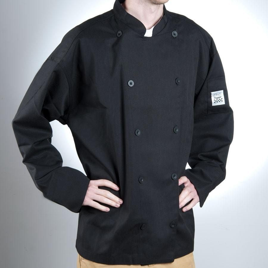 Chef Revival J061BK-3X Unisex Long Sleeve Double-Breasted Chef's Jacket with Logo Buttons - Black / 3X-Large