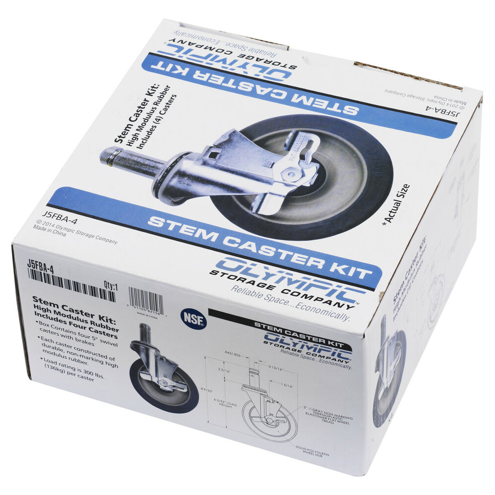 Olympic J5FBA-4 Wire Shelving High Modulus Rubber Swivel Stem Caster with Brake Kit 5" - 4/set