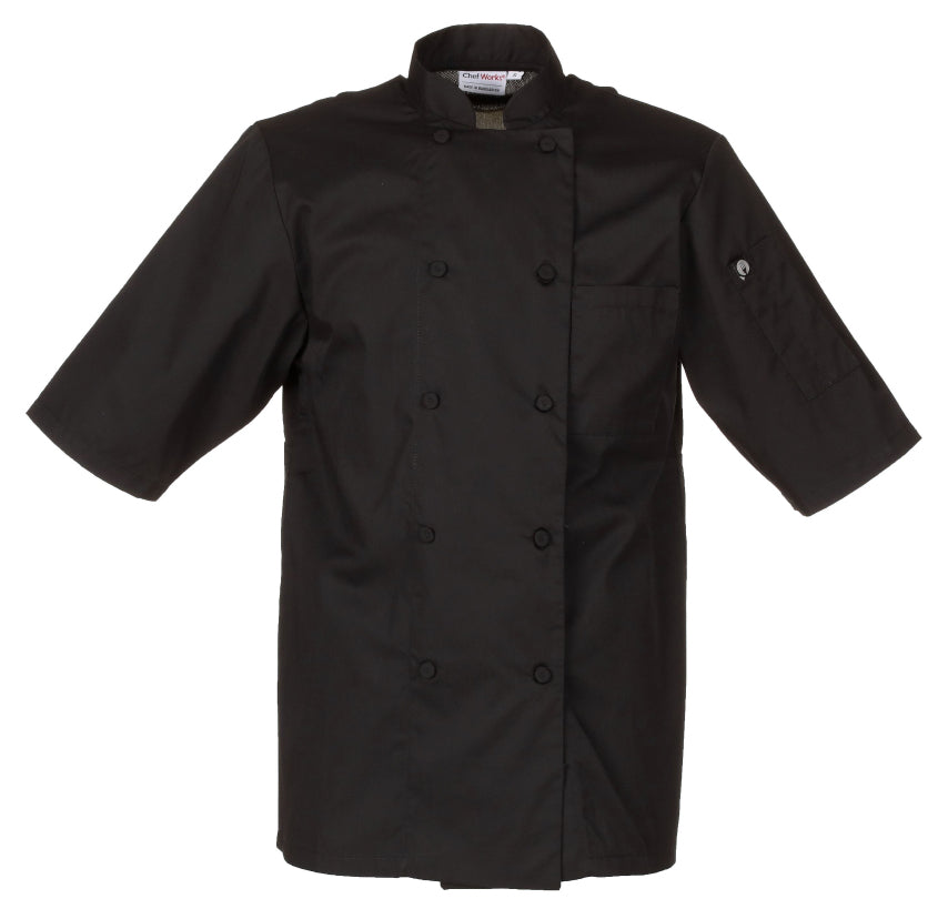 Chef Works JLCVBLKM Unisex Montreal Cool Vent Short Sleeve Double-Breasted Chef Coat with Cloth Covered Buttons - Black / Medium