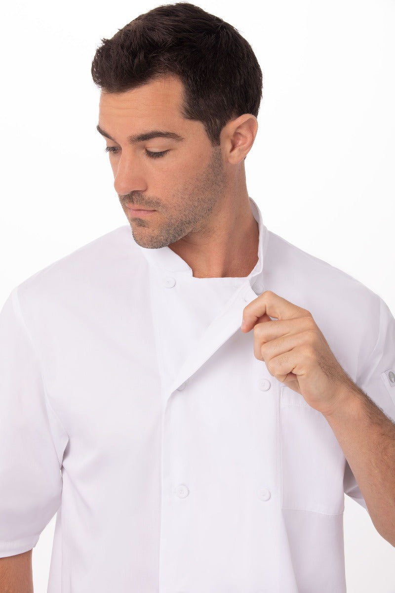 Chef Works JLCVWHTM Unisex Montreal Cool Vent Short Sleeve Double-Breasted Chef Coat with Cloth Covered Buttons - White / Medium