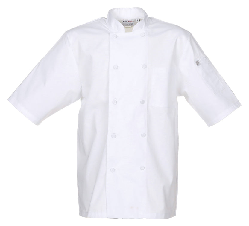 Chef Works JLCVWHTS Unisex Montreal Cool Vent Short Sleeve Double-Breasted Chef Coat with Cloth Covered Buttons - White / Small