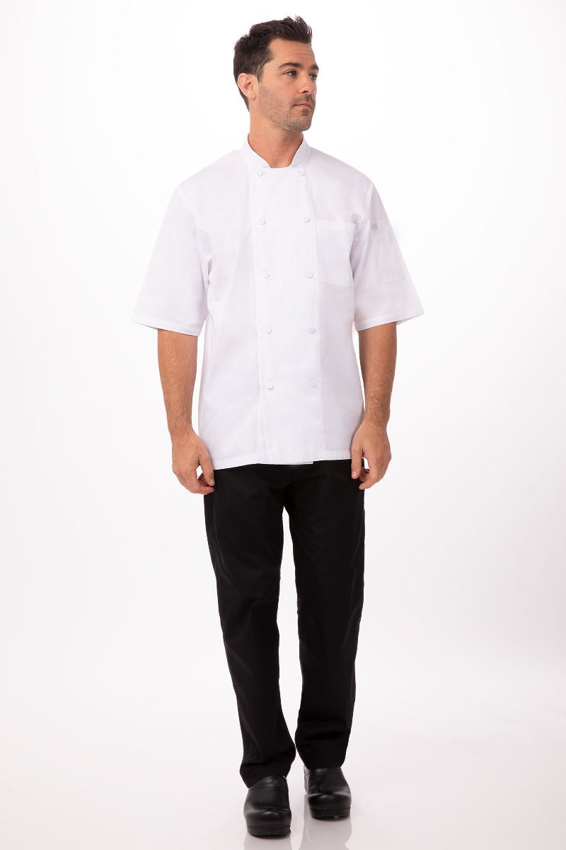 Chef Works JLCVWHTS Unisex Montreal Cool Vent Short Sleeve Double-Breasted Chef Coat with Cloth Covered Buttons - White / Small