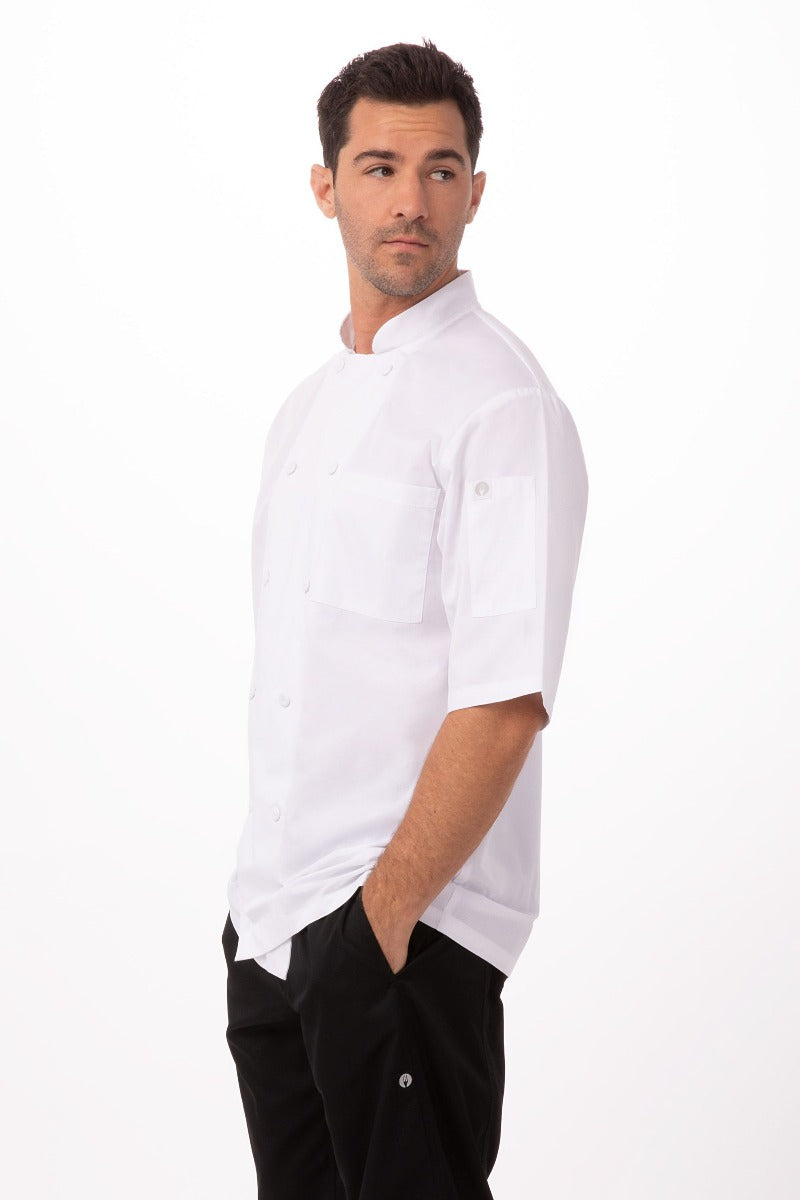 Chef Works JLCVWHTS Unisex Montreal Cool Vent Short Sleeve Double-Breasted Chef Coat with Cloth Covered Buttons - White / Small