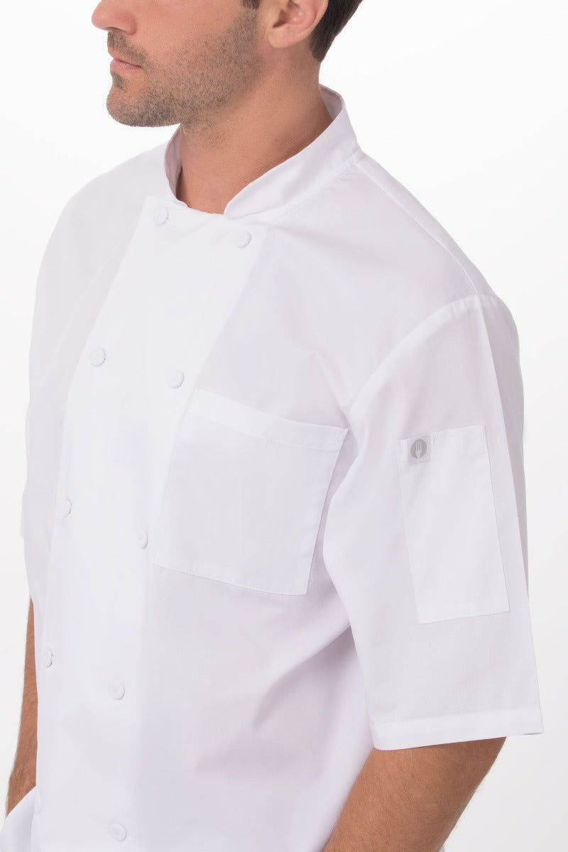 Chef Works JLCVWHTS Unisex Montreal Cool Vent Short Sleeve Double-Breasted Chef Coat with Cloth Covered Buttons - White / Small