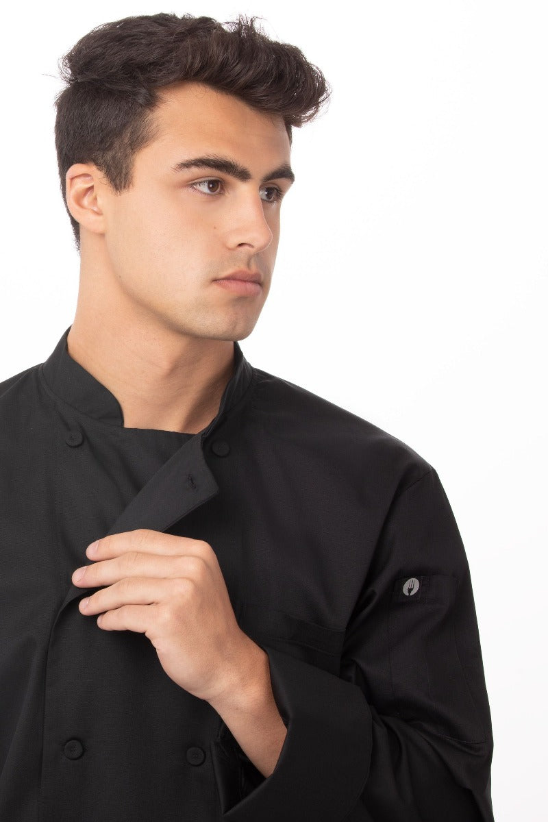 Chef Works JLLSBLKXL Unisex Calgary Cool Vent Long Sleeve Double-Breasted Chef Coat with Cloth Covered Buttons - Black / X-Large