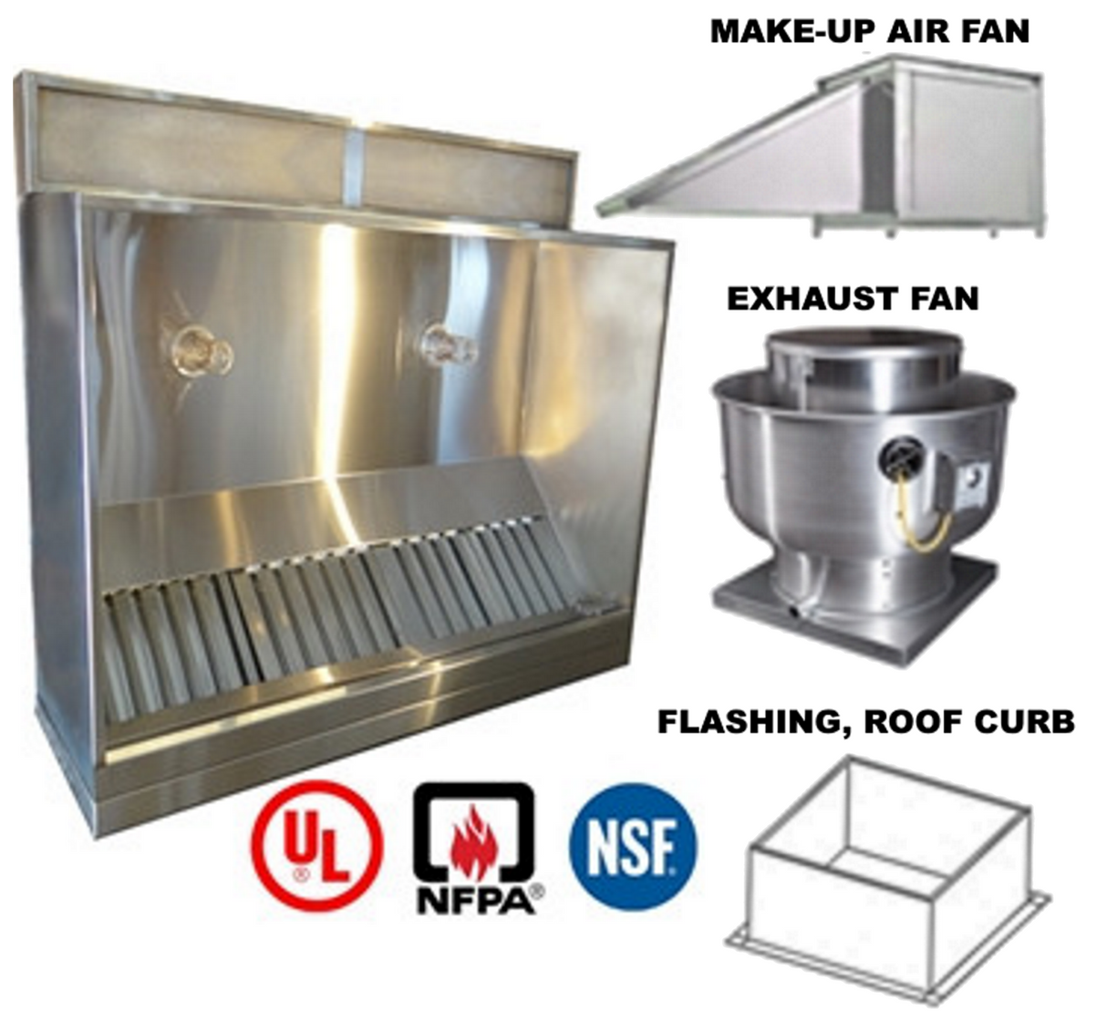 JRSVH7-PFFKIT 7ft Jean's Canopy Vent Hood with Plenum, Exhaust Fan, Make-up Air Fan and Flashing