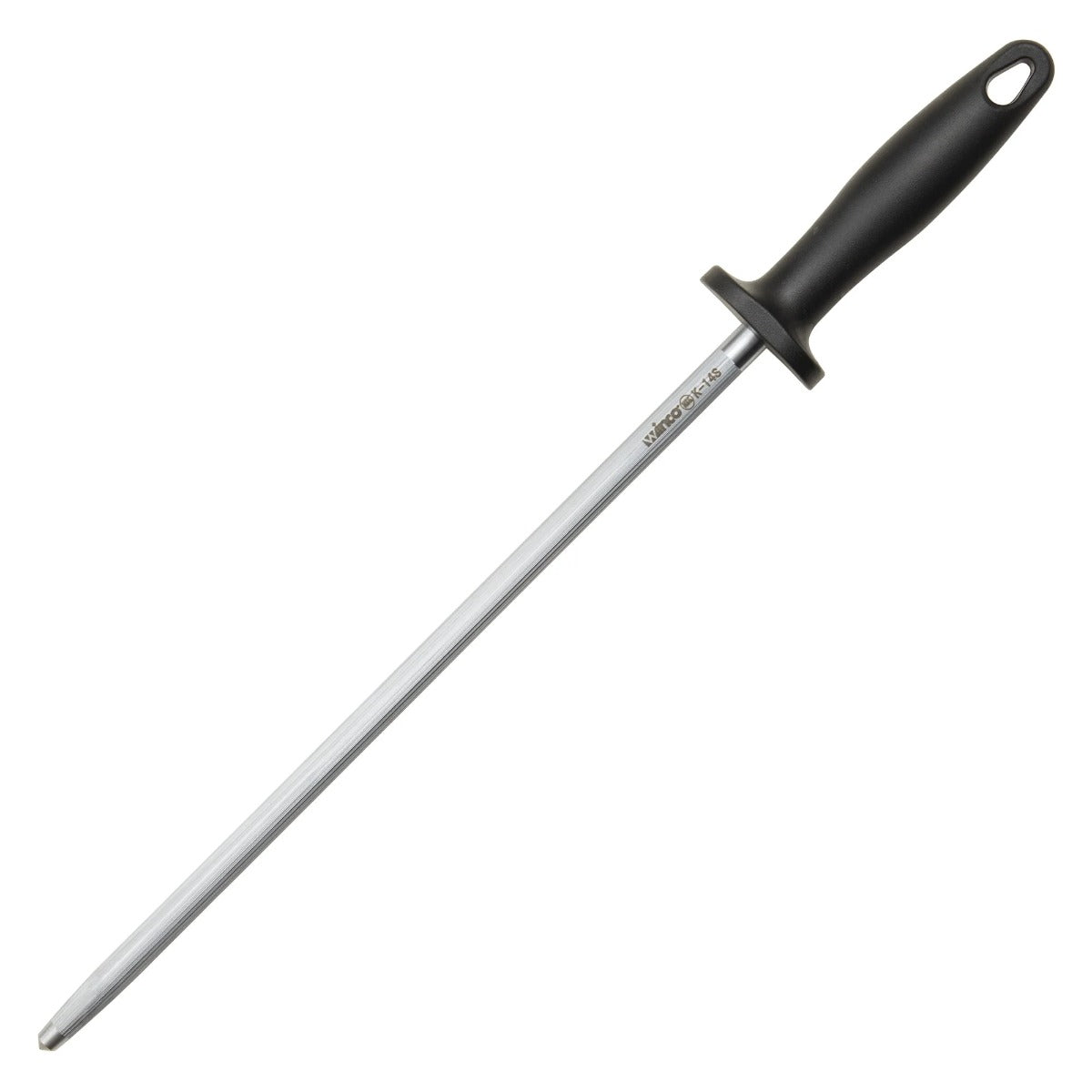 Winco K-14S Stainless Steel Round Knife Sharpening Steel with Black Plastic Finger Guard Hande- 12/Case