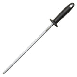 Winco K-14S Stainless Steel Round Knife Sharpening Steel with Black Plastic Finger Guard Hande- 12/Case