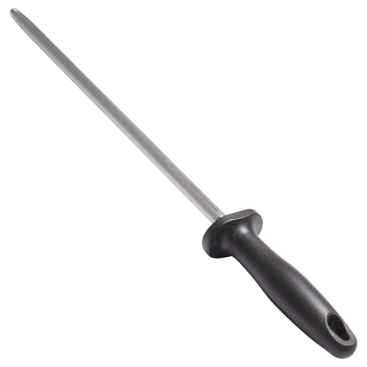 Winco K-14S Stainless Steel Round Knife Sharpening Steel with Black Plastic Finger Guard Hande- 12/Case