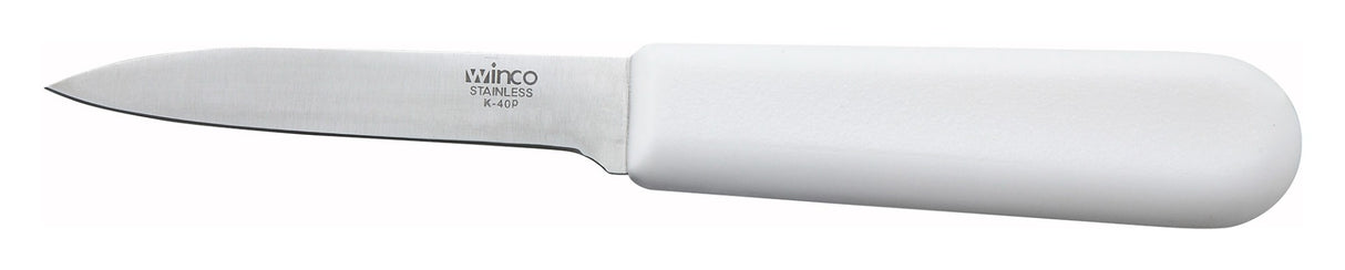 Winco K-40P Stainless Steel Paring Knife with 3" Blade and White Polypropylene Handle - 360/Case