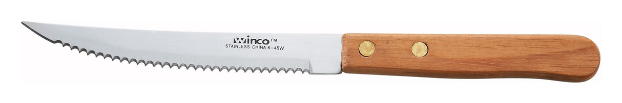 Winco K-45W Stainless Steel Serrated Pointed Tip Steak Knife with 4-1/2" Blade and Wooden Handle - 576/Case