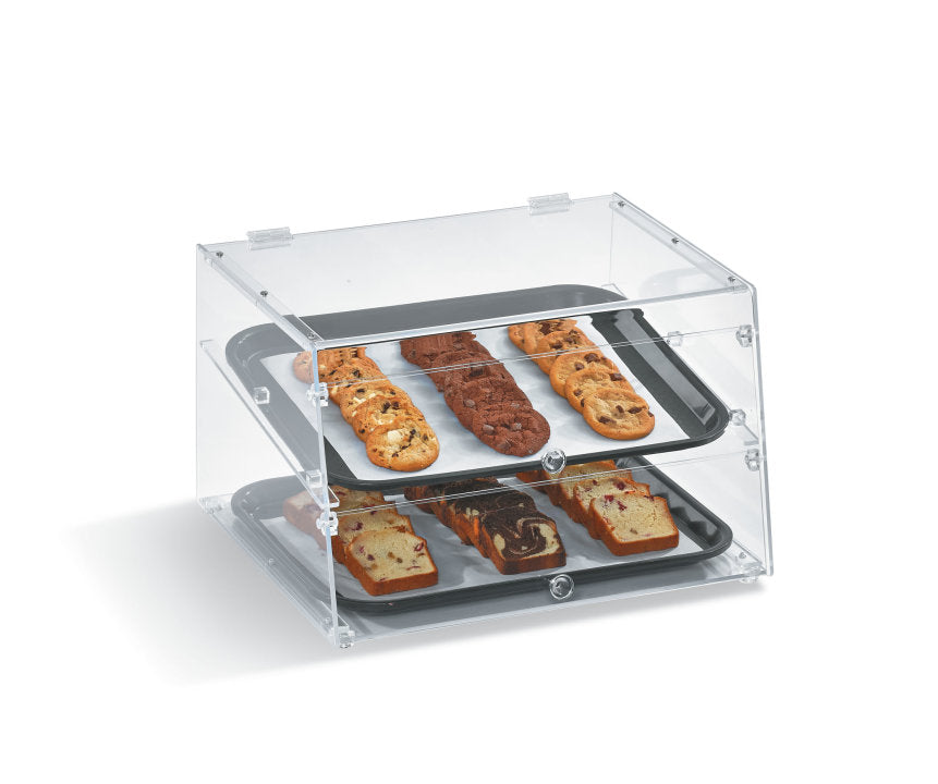 Vollrath KDC1418-2-06 Countertop Knock-Down 2-Tray Slant Front Acrylic Bakery Display Case with Front & Rear Doors