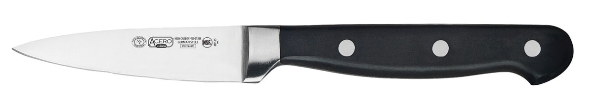 Winco KFP-35 Acero Carbon Stainless Steel Forged Paring Knife with 3-1/2" Blade and Black POM Handle