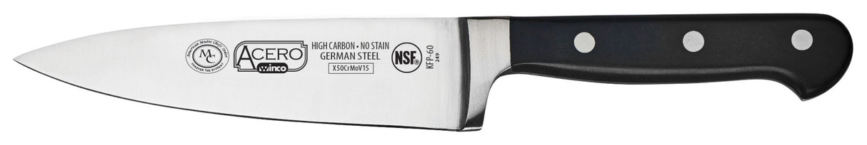 Winco KFP-60 Acero Carbon Stainless Steel Forged Chef's Knife with 6" Blade and Black POM Handle - 6/Case