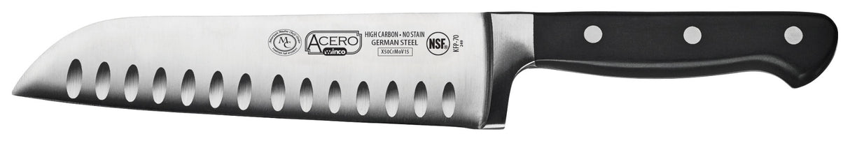 Winco KFP-70 Acero Carbon Stainless Steel Forged Santoku Knife with 7" Blade and Black POM Handle