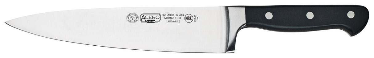 Winco KFP-80 Acero Carbon Stainless Steel Forged Chef's Knife with 8" Blade and Black POM Handle