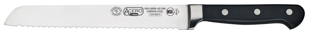 Winco KFP-82 Acero Carbon Stainless Steel Forged Bread Knife with 8" Blade and Black POM Handle - 36ea/Case