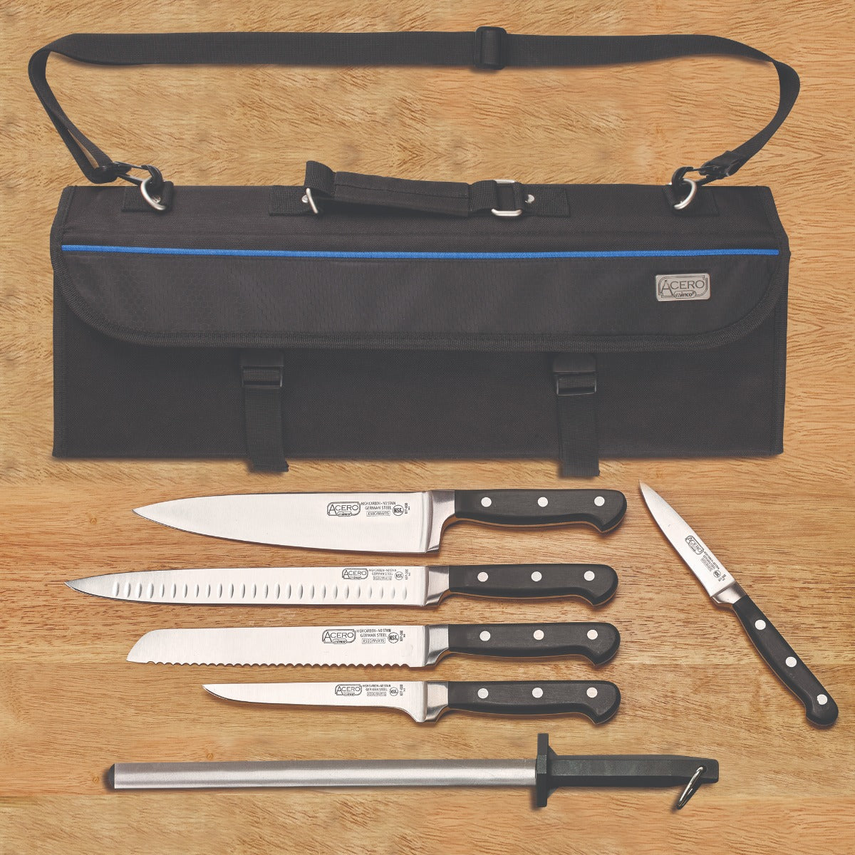Winco KFP-KITA Acero Cutlery 7-piece Knife Set with Shears & Knife Bag