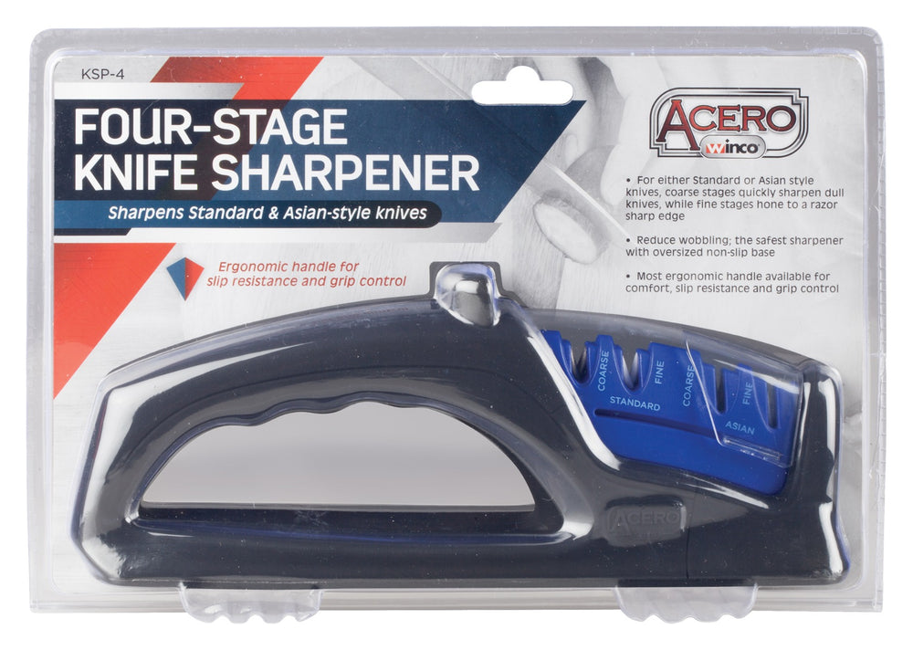 Winco KSP-4 Acero Hand Held Four-Stage Knife Sharpener with Black Plastic Ergonomic Handle 9-7/8"L x 2-5/8"W x 3-3/4"H