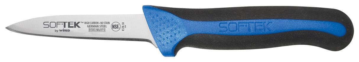 Winco KSTK-30 Sof-Tek High Carbon Steel Paring Knife with 3-1/4" Blade and Black/Blue TPR Handle - 2/Pack x 6 Packs/Case