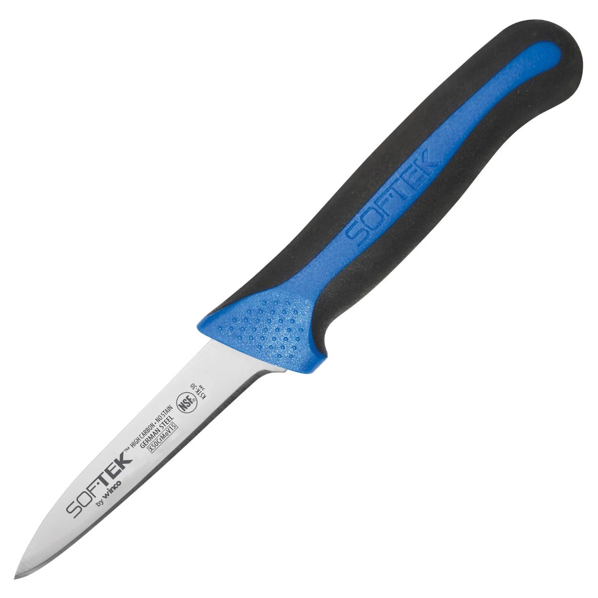 Winco KSTK-30 Sof-Tek High Carbon Steel Paring Knife with 3-1/4" Blade and Black/Blue TPR Handle - 2/Pack x 6 Packs/Case