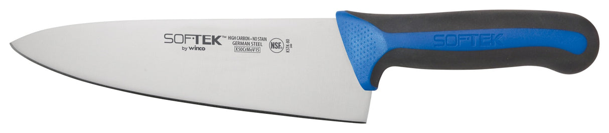 Winco KSTK-80 Sof-Tek High Carbon Steel Chef's Knife with 8" Blade and Black/Blue TPR Handle - 6/Case