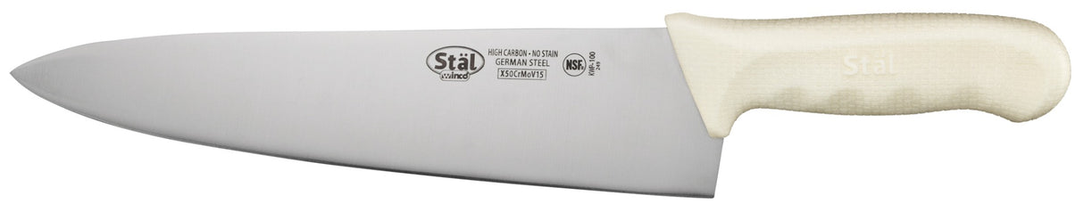 Winco KWP-100 Stal High Carbon Steel Chef's Knife with 10" Blade and White Polypropylene Handle - 6/Case