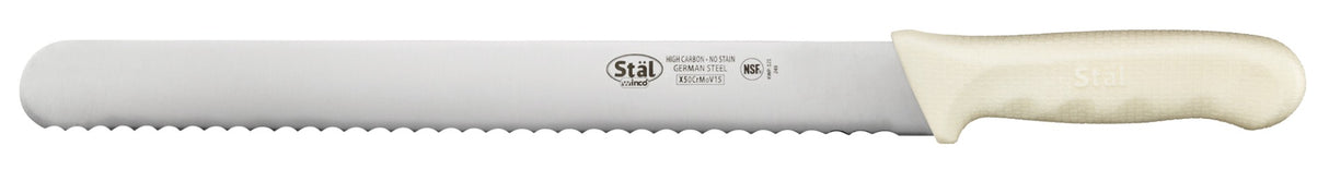 Winco KWP-121 Stal High Carbon Steel Wavy Edge Slicer / Bread Knife with 12" Blade and White Polypropylene Handle - 36/Case