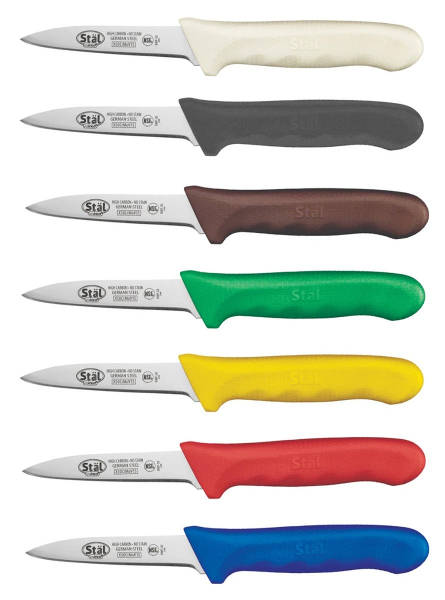 Winco KWP-3046 Stal 46-Piece Bulk Pack High Carbon Steel Paring Knife with 3-1/4" Blade and (7) Assorted Colors Polypropylene Handle - 4 Packs/Case