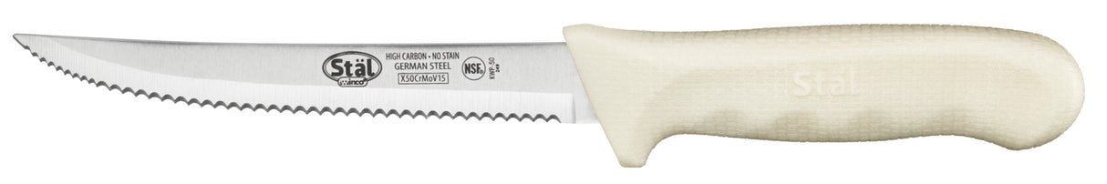 Winco KWP-50 Stal High Carbon Steel Wavy Edge Utility Knife with 5-1/2" Blade and White Polypropylene Offset Handle